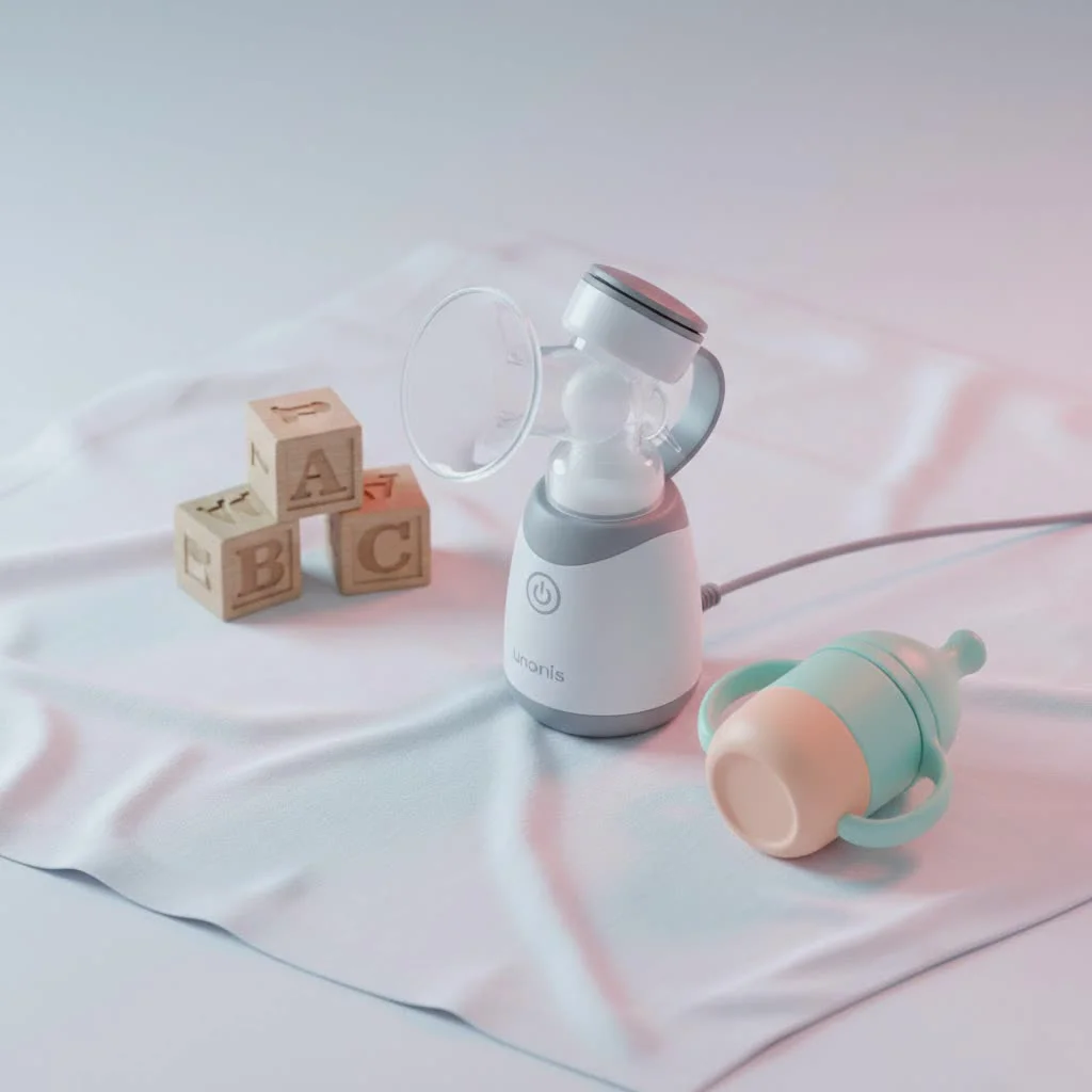 Mother holding a breast pump and smiling