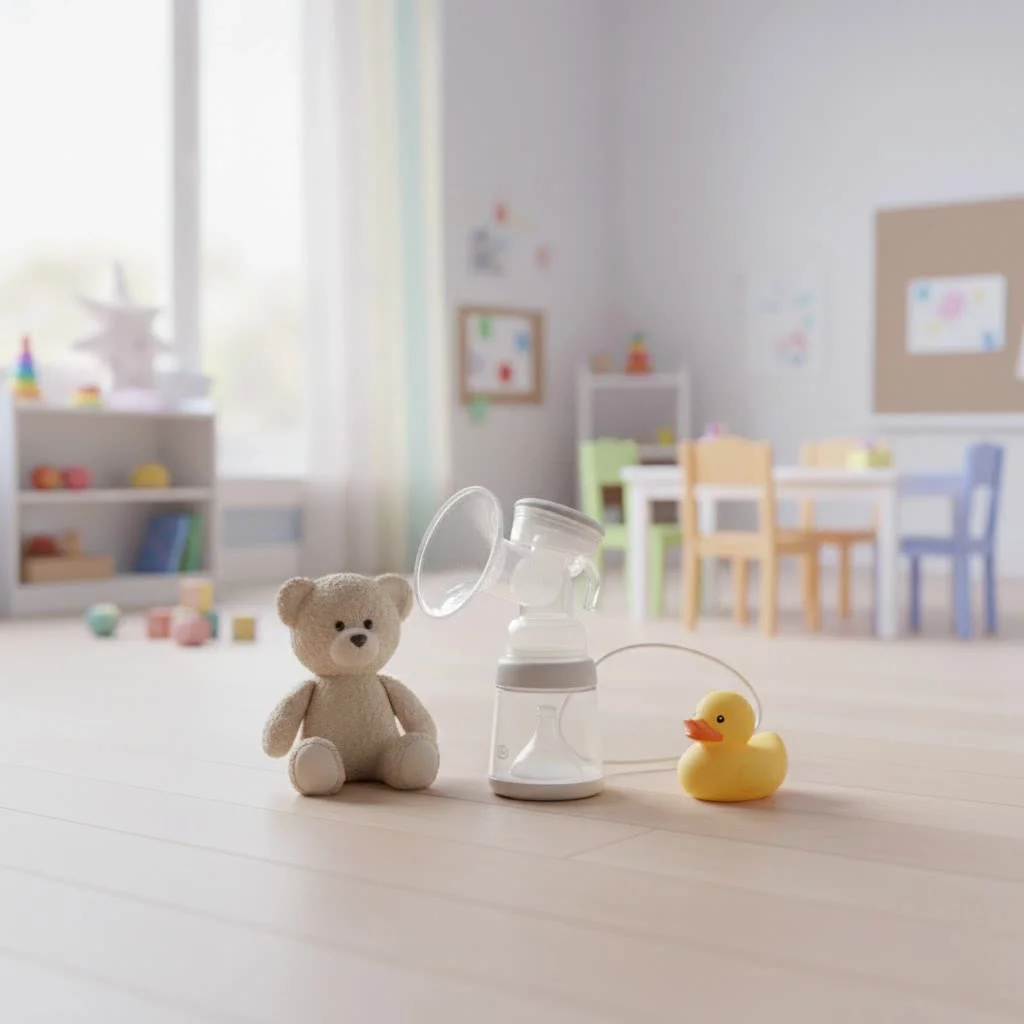 Mother using a breast pump at home