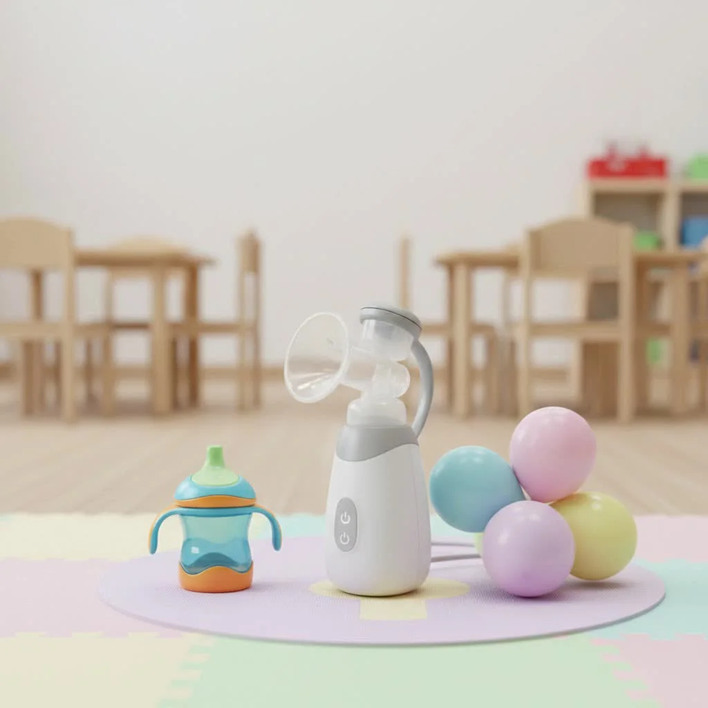 Mother using a breast pump while looking at her baby